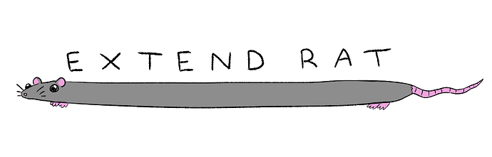digital drawing labeled "Extend Rat". drawing is of a cute, cartoony gray rat with a very long body