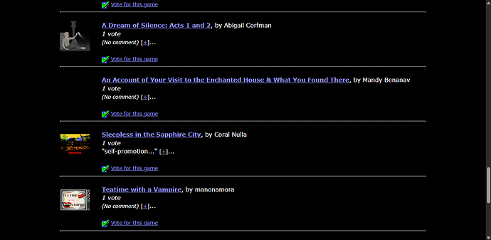 Screenshot of an IFDB poll. Entries are visually separated by a dotted line and the layout is the same whether an entry as cover art or not.