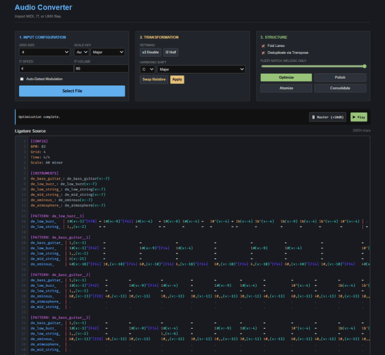 Screenshot of an Audio Converter dashboard, with three squares at the top labeled "1. input configuration", "2. transformation" and "3. structure". A small prompt below these buttons informs the user "Optimization complete.". Below this is a large window labeled "Ligature source" which contains several rows of music data.