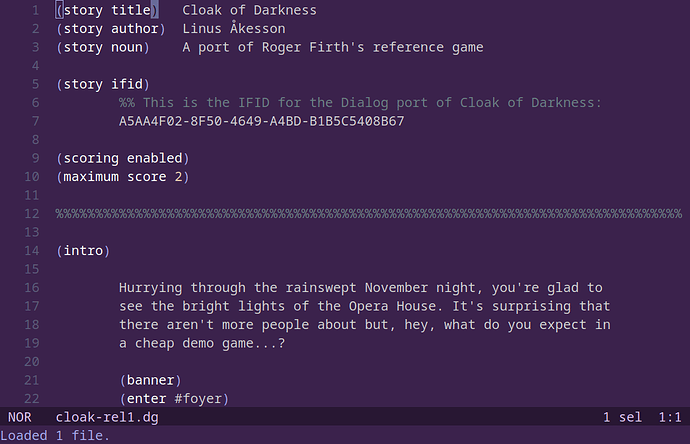 Cloak of darkness is open in the helix text editor, different syntax elements are assigned different colors.