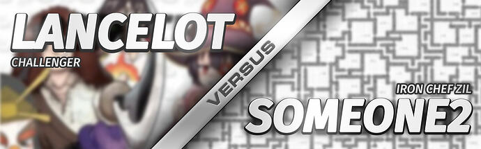 a banner divided into two halves, one per competing chef. The background of each half shows the image from the respective chef's forum avatar. Overlaid text reads "Challenger Lancelot versus Iron Chef ZIL SomeOne2"