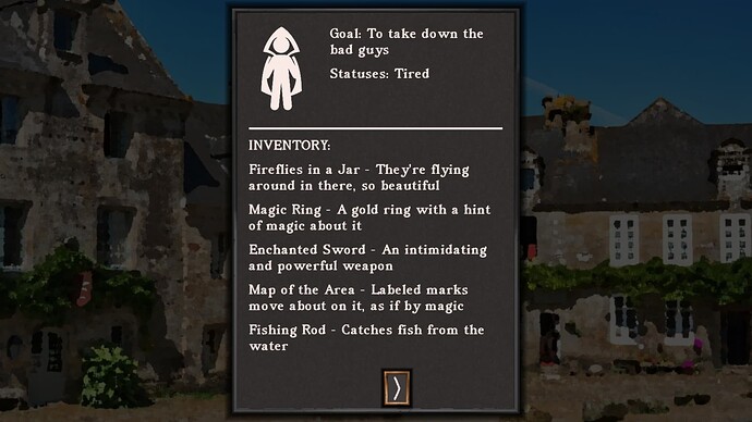 Screenshot of the inventory and character statuses