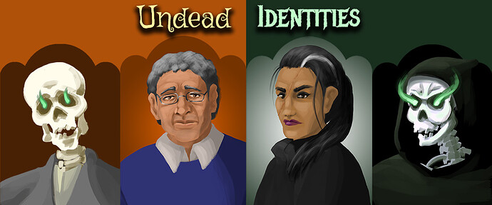 The title 'Undead Identities' with portraits of four characters. The artwork is split into two halves. One side is orange and brown, and shows a friendly-looking skeleton character next to a man with gray hair and glasses. The other side is green and black, and shows a fierce woman with a facial scar next to an evil-looking skeleton. All portraits are in gravestone-shaped frames.