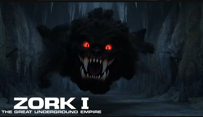 An image proclaiming to be from Zork I, where a black cloud of gas has red eyes and an open mouth