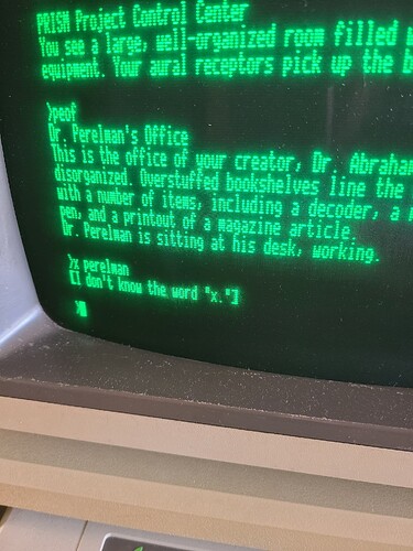 A Mind Forever Voyaging in Dr. Perelman's office. The command "x perelman" is responded to with "I don't know the word "x"".