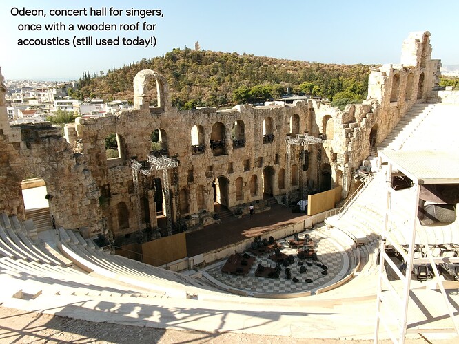 photo of stepped levels of seating wrapping in a wide semicircle around a stage that is at the center bottom, reminiscent of a baseball stadium. Modern lights and speakers surround the stage, and the remains of large arched window holes are behind it. label reads "Odeon, concert hall for singers, once with a wooden roof for accoustics. Still used today!"