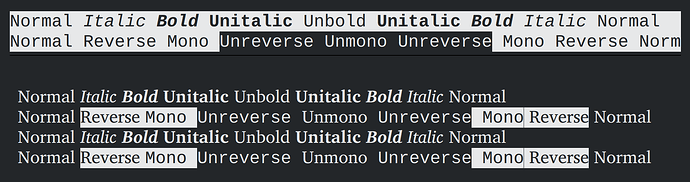 various combinations of bold, italic, reverse, and monospace text, in both the main area and the status bar