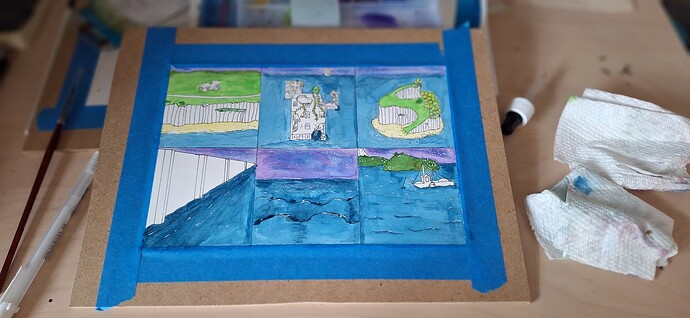 A desktop with an in progress painting. There are six locations: a cliffside ruin, ruined skyscrapers, an island, a wall, a whirlpool, and a fishing boat