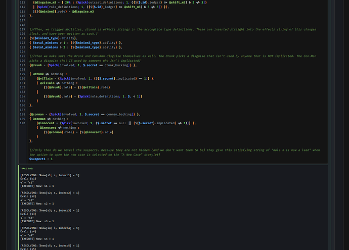 An image of an IDE, showing ScribeScript code at the top, and a trace log of how this code will resolve at the bottom.