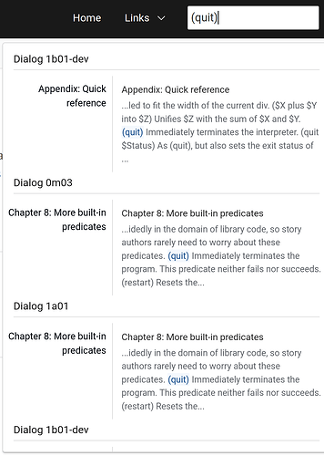 search results for (quit) in parentheses show the built-in predicate