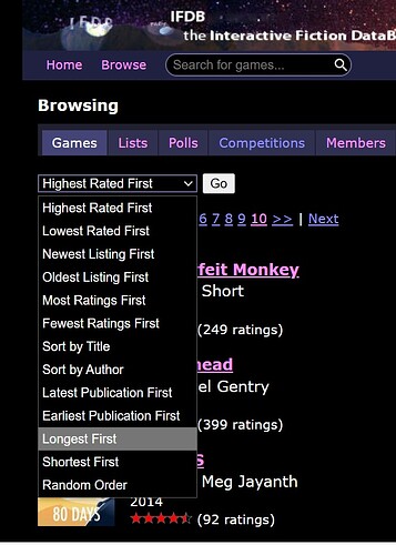 Screenshot of the sorting menu on IFDB's search/browse page, with two new sorting options: "Longest First" and "Shortest First"