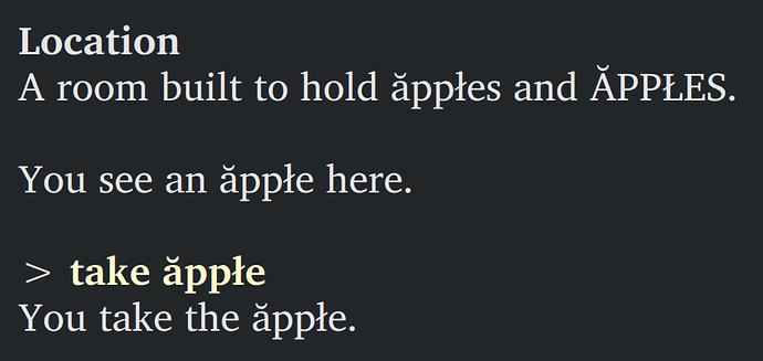 sample output showing Unicode characters parsed correctly