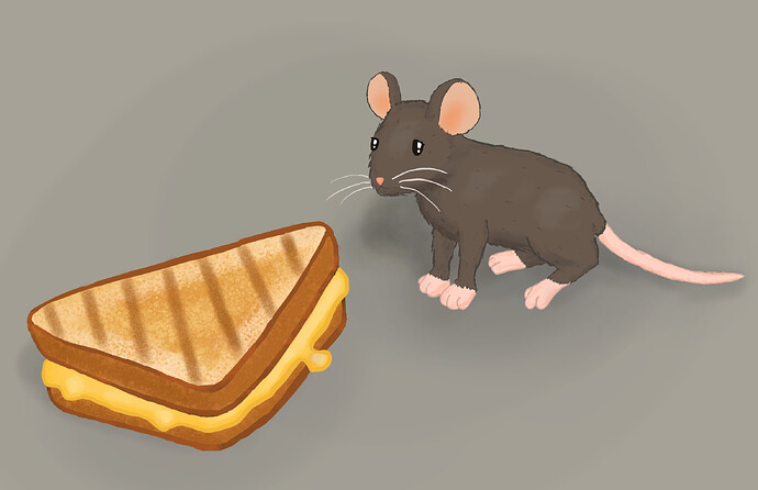 A digital painting, in the style of a children’s book illustration, depicting a cute brown-gray mouse approaching a triangular half of a restaurant-style grilled cheese sandwich.