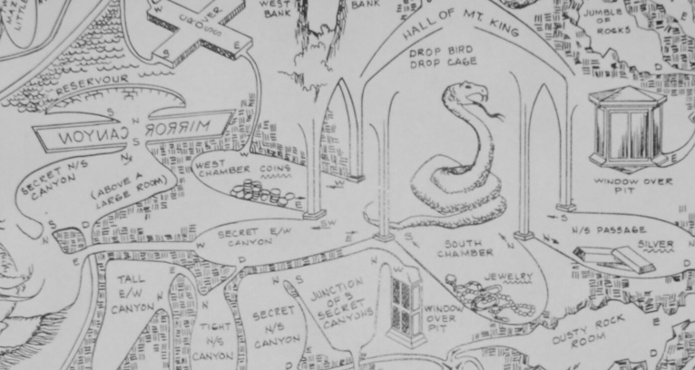 A section of a line drawing. On the left side there is a "RESERVOUR" with wavy lines held back by a brick dam. Below that is a wide room with the words "MIRROR CANYON" written backwards, from right to left. The windows are not on either side of the mirror canyon; instead they are on the right side, in the vicinity of the "HALL OF MT. KING", in which there is a drawing of a large snake and the words "DROP BIRD" "DROP CAGE". The two windows are both labeled "WINDOW OVER PIT"; the southwest one has  rectangular frame and the northeast one looks like the exterior of a bay window. Also visible are "SECRET N/S CANYON (ABOVE A LARGE ROOM)", passages from the Hall of the Mountain King, and various canyons connecting off the SECRET E/W CANYON.