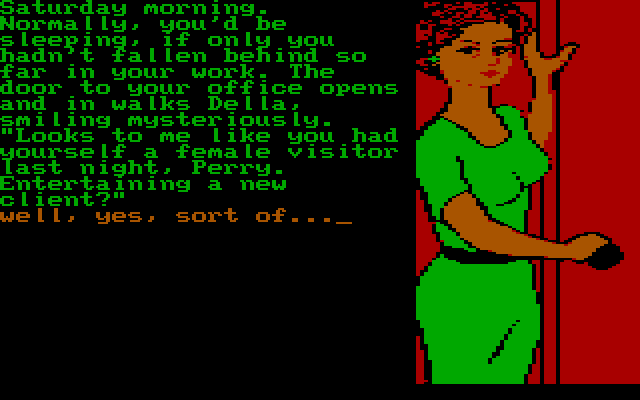 Screenshot of Perry Mason: The Mandarin Murder depicting a young woman in a green dress. Graphics are dated (1980s)