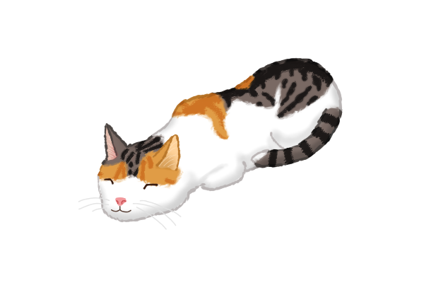 An illustration of a relaxed, napping calico-tabby cat.