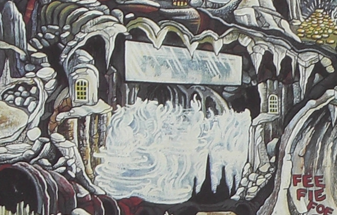 A section of a color illustration. On the left and right are a pair of arched, glazed windows in frames, like house windows. In the center and below them is a pool of bluish mist. Hanging from the ceiling and almost facing the viewer is a large mirror, wider than it is tall. There are stalactites on the ceiling. On the right, you can see part of the Giant Room and the words "FEE FIE FOE" ("FOO" is cut off) written on the wall.