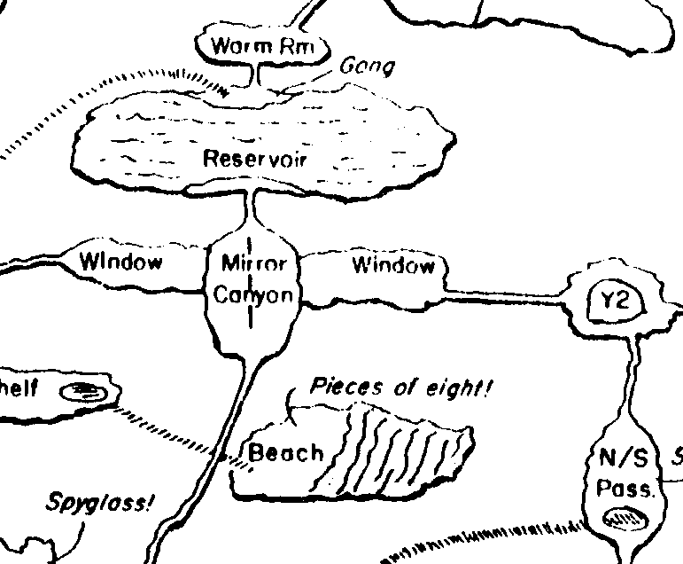 A section of a line drawing, with computer-generated text labels. Near the top is "Reservoir" with wavy lines on it, an indicator line that says "Gong" and a passage north to "Worm Rm". Do the south is "Mirror Canyon" with a vertical line down the center of it. To the east and west of Mirror Canyon are "Window"s. A narrow passage leads south from Mirror Canyon, off the bottom of the image. The east window connects to Y2, which then goes south to N/S Pass. Also visible to the south of Mirror Canyon is "Beach" with an indicator labeled "Pieces of eight!"