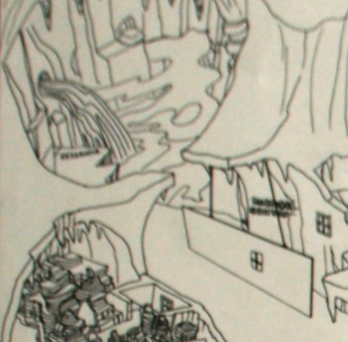 A section of a line drawing from an oblique angle. The image is a bit blurry, having been de-projected from a photograph taken from an angle. In the lower right is a cutaway canyon with a thin mirror suspended by two wires. On the near side and the far side are glazed windows in frames, like house windows. The near-side window is reflected in the mirror. To the left of the far-side window are the words MIRROR CANYON. In the upper left, the canyon continues to RESERVOIR where a spout of water in a wall empties into a pool.