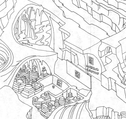 A line drawing from an oblique angle—similar to the one immediately above, but newly drawn. In the center is a cutaway canyon with a thin mirror suspended by two wires. On the near side and the far side are glazed windows in frames, like house windows. The near-side window is reflected in the mirror. Below the far-side window are the words MIRROR CANYON. In the upper left, the canyon continues to RESERVOIR where a spout of water in a wall empties into a pool.