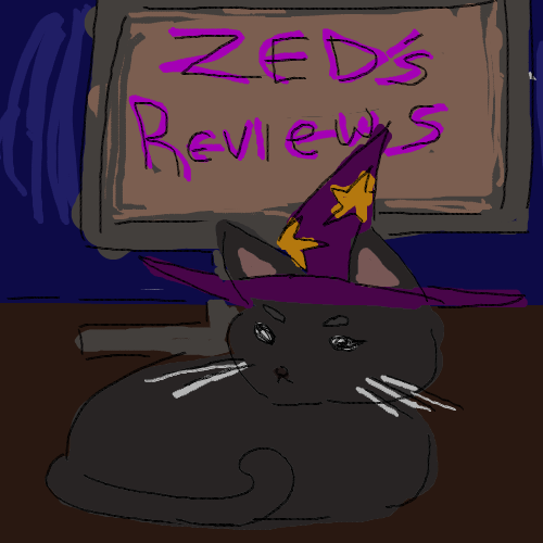 The text "Zed's Reviews" appears on a computer monitor. A black cat loafs in front of the monitor, wearing a conical purple wizard's hat with gold stars on it; the brim lets her ears stick through. She emanates powerful wizard-kitty energies.